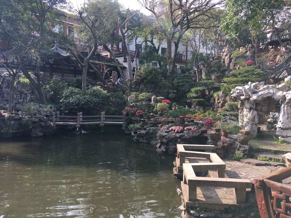 Yuyuan Gardens with rock structures and pond